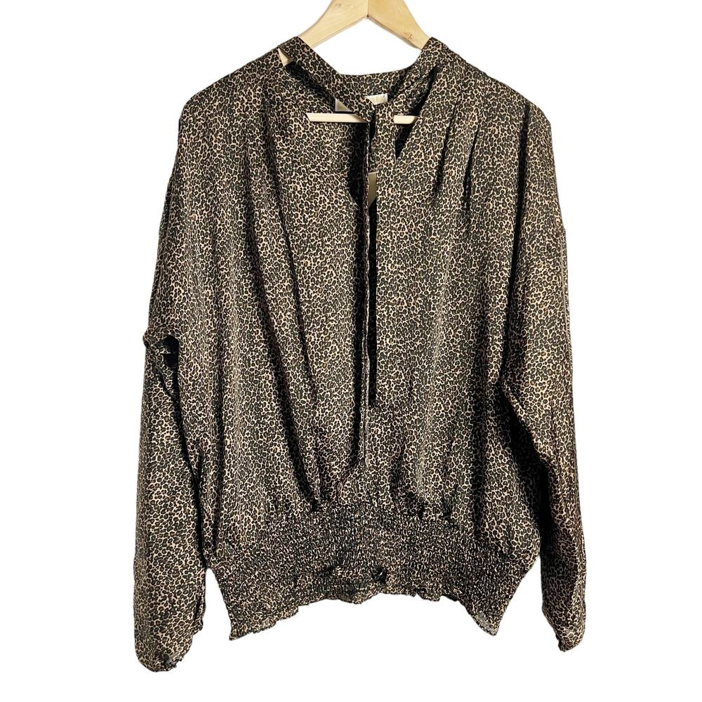 Michael Kors Leopard Animal Print Tie Neck V-Neck Smocked Blouse Size Large